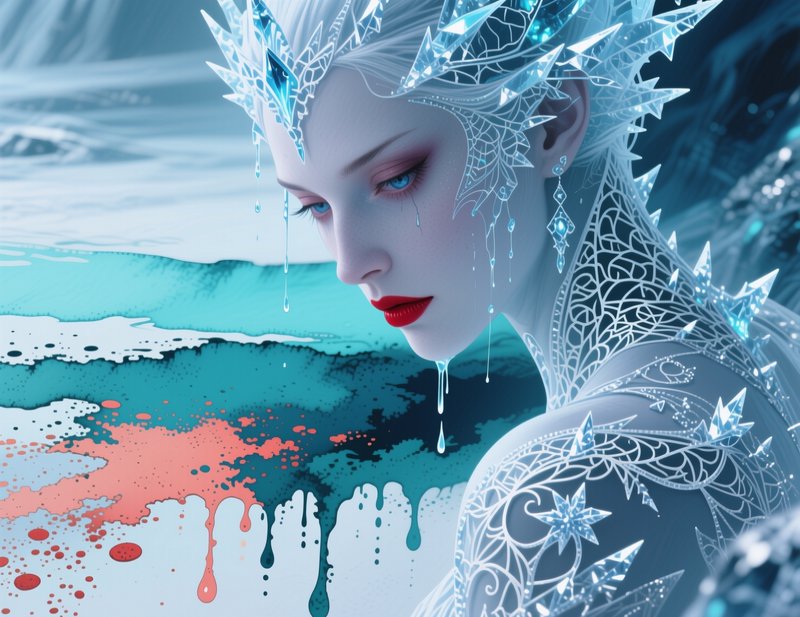 Sorrowful ice queen with a crystalline spiked crown, melting ice drips from her face overlooking an abstract icy landscape
