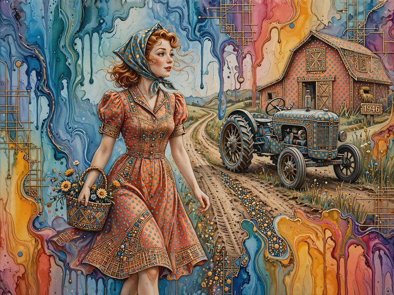 [Surreal vintage illustration of 1940s farm woman holding a flower basket, walking beside a polka-dot tractor and barn on ...