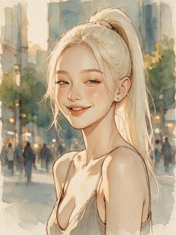 [Watercolor portrait of smiling blonde woman with high ponytail, set against a sunlit golden hour city street background]