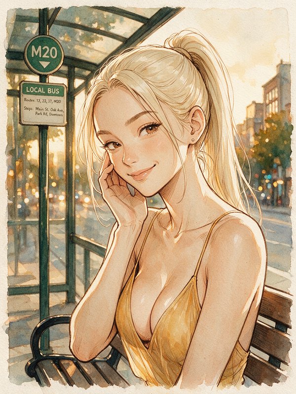 Watercolor portrait of a smiling blonde woman in a gold dress sitting at a sunlit city bus stop during golden hour