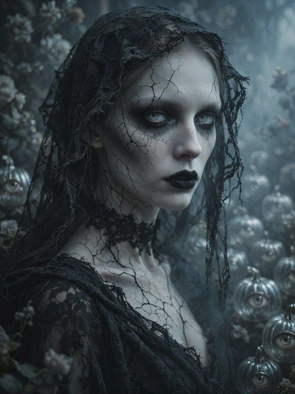 Haunting gothic undead woman with cracked porcelain skin, tattered black lace veil, surrounded by eerie silver eye pumpkins