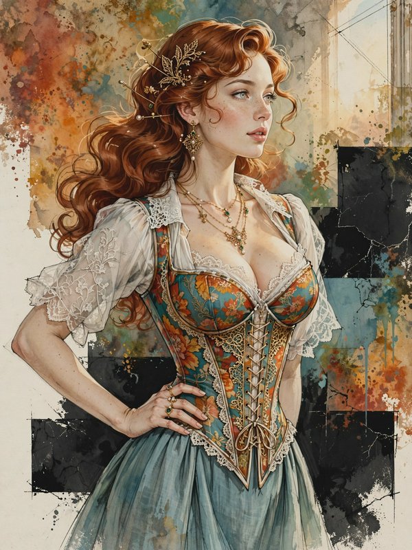 Watercolor portrait of elegant red-haired renaissance woman in an ornate floral corset, posed with hand on hip against