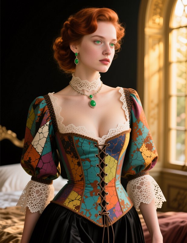 Portrait of red-haired woman in colorful patchwork renaissance corset, emerald jewelry, sunlit elegant bedroom setting