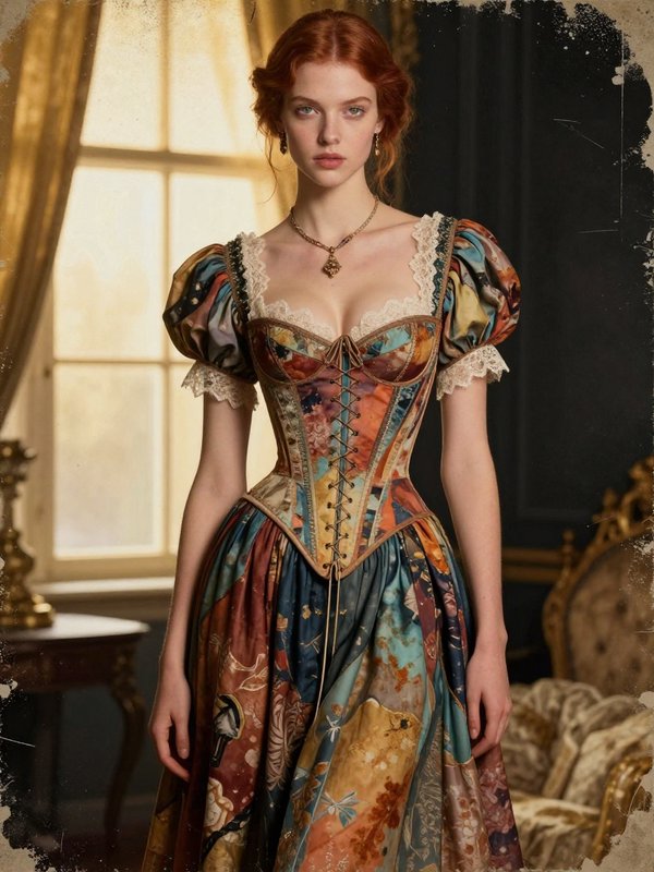 Young red-haired woman in an elaborate patchwork Renaissance corset gown stands in a sunlit historic aristocratic interior.