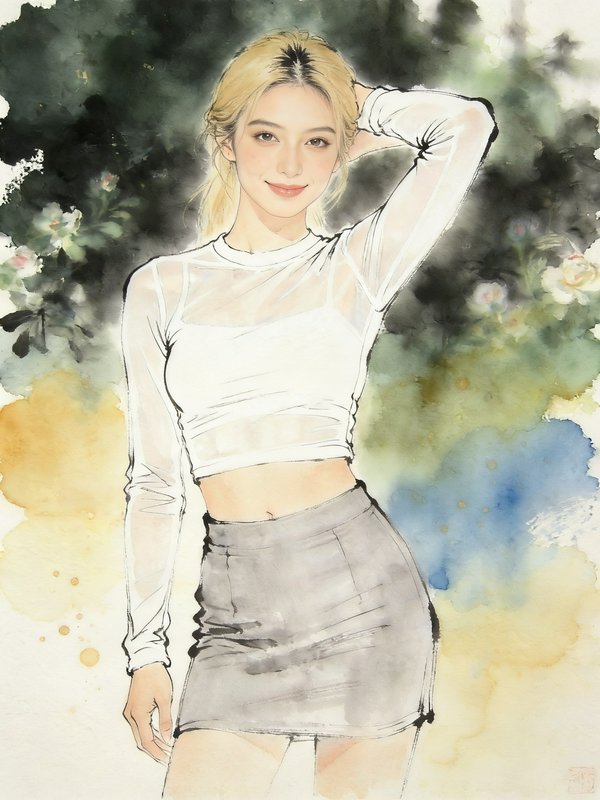 Watercolor portrait of a smiling blonde young woman with one hand behind her head, in a sheer top and grey mini skirt