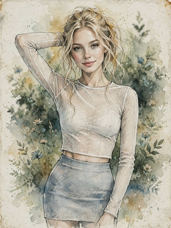 Watercolor sketch portrait of a blonde young woman posed against muted wildflower foliage on vintage aged paper