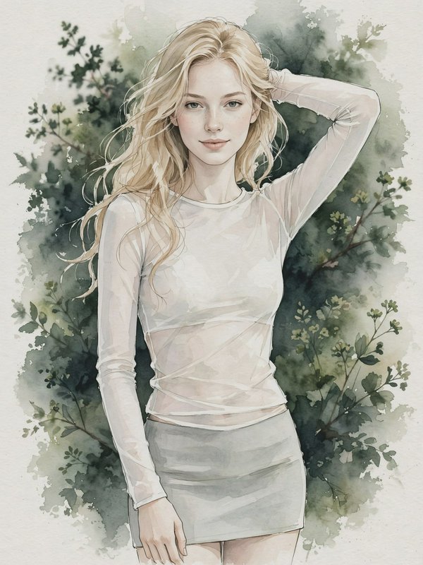 Watercolor portrait of a young blonde woman posing gently against soft, muted green leafy foliage.