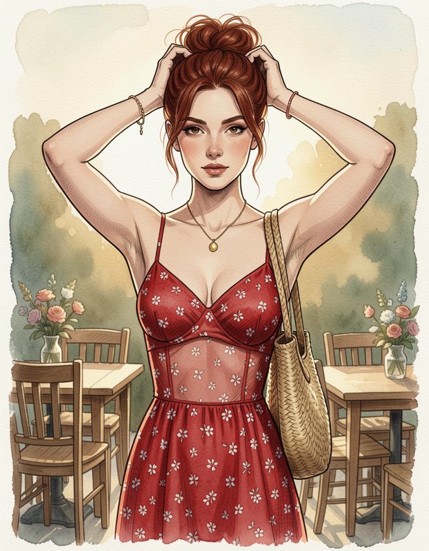 Watercolor illustration of red-haired woman adjusting her top bun, wearing a red floral sundress at an outdoor cafe patio