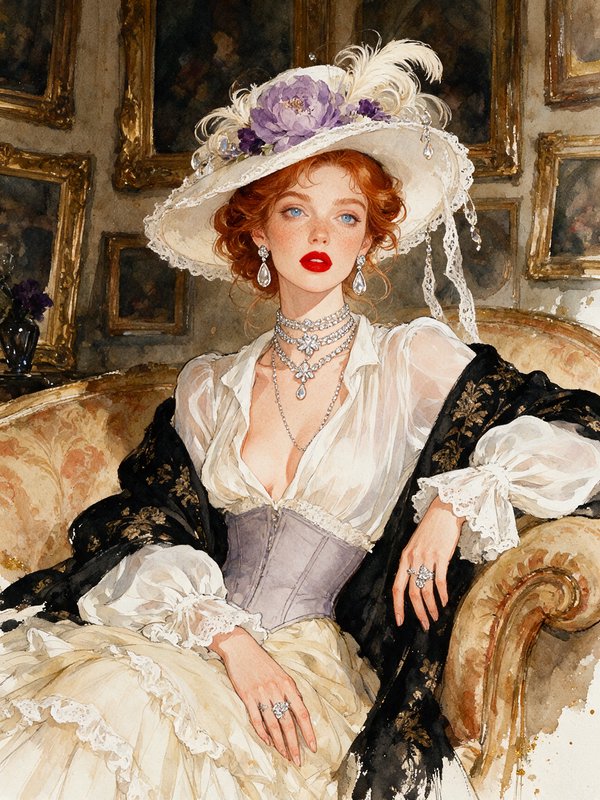 Watercolor portrait of elegant red-haired Edwardian noblewoman in a feathered hat, seated on an antique gilded sofa.