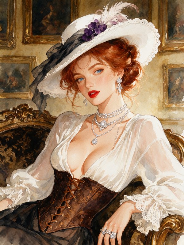 Watercolor portrait of elegant red-haired Edwardian woman in a feathered lace hat and corset, seated on an ornate gilded