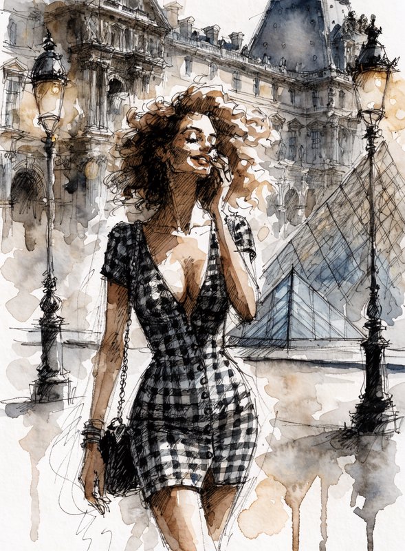 Watercolor fashion sketch of chic curly-haired woman standing outside the Louvre in Paris.