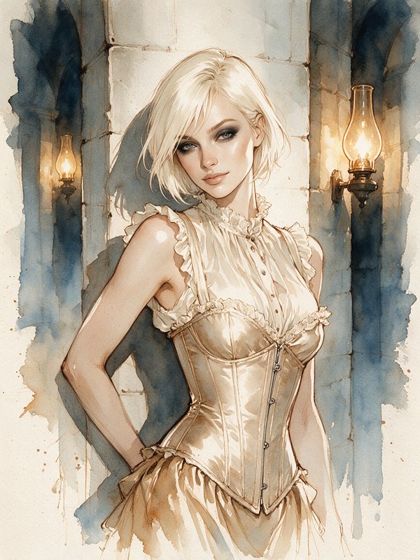 Watercolor portrait of a short platinum blonde woman in a cream Victorian corset, leaning against...