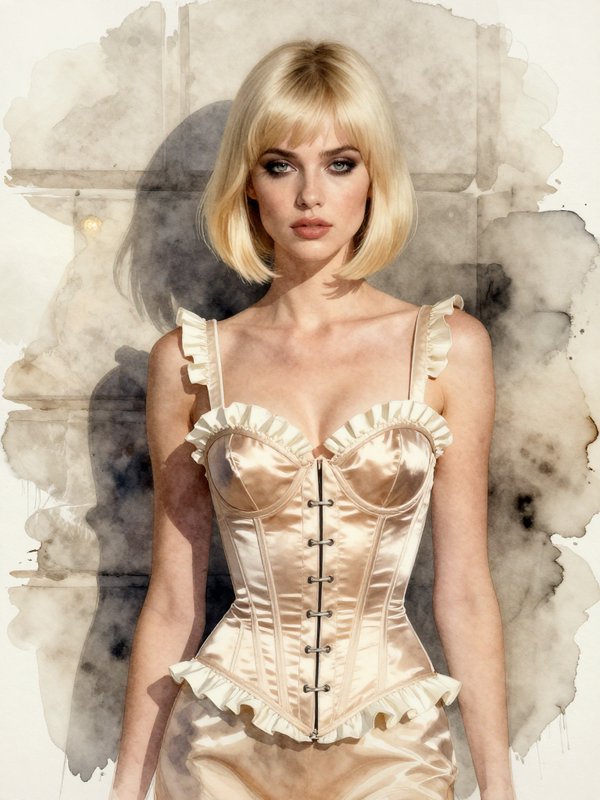 Watercolor fashion portrait of blonde woman with bob haircut wearing ruffled champagne satin corset