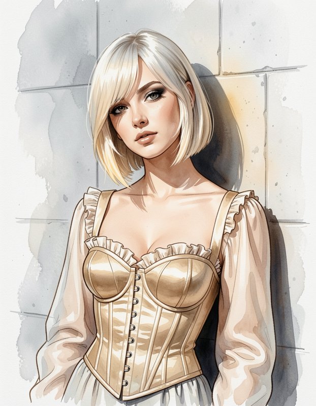 Watercolor portrait of a young platinum blonde woman in a ruffled gold corset top, leaning against a tiled wall.