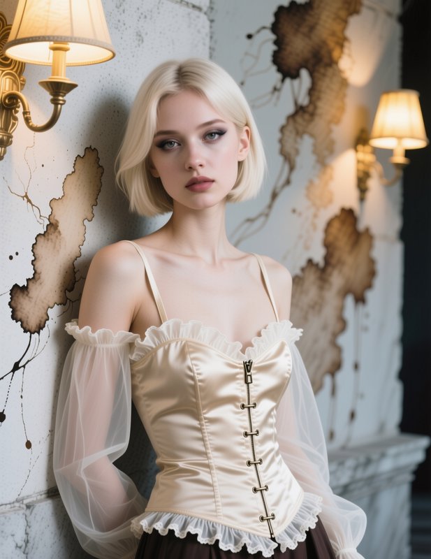 Young platinum blonde woman in cream ruffled satin corset leans against an abstract ink-stained wall beside glowing