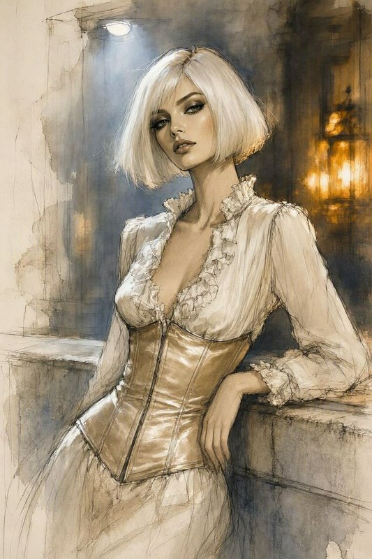 Watercolor portrait of elegant platinum blonde woman in a gold corset leaning against a stone bal...