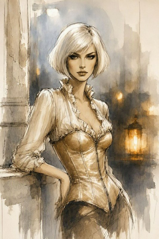 Watercolor sketch portrait of elegant platinum blonde woman in a corset blouse leaning on a foggy evening balcony.