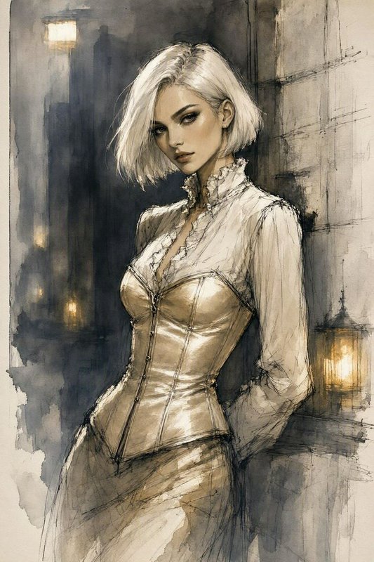 Watercolor sketch of elegant platinum blonde woman in a gold corset leaning against a lamplit alley wall