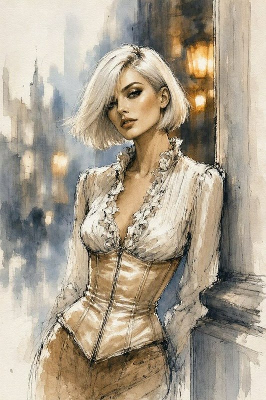 Watercolor portrait of elegant platinum blonde woman in a ruffled corset top leaning against a twilight city street backdrop