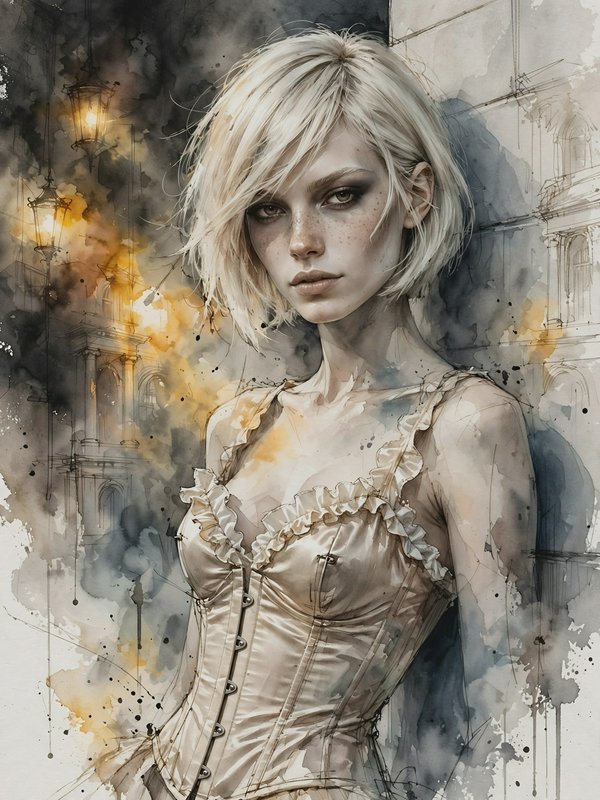 Watercolor portrait of a freckled short blonde woman in a ruffled satin corset, posed against a m...