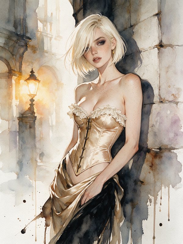 Watercolor portrait of freckled short blonde woman in a gold corset, leaning against a stone wall near a glowing vintage