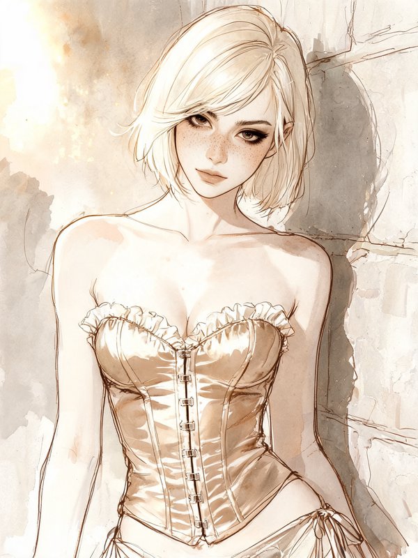 Sepia watercolor sketch portrait of a freckled short blonde woman in a ruffled satin corset, soft warm glowing lighting