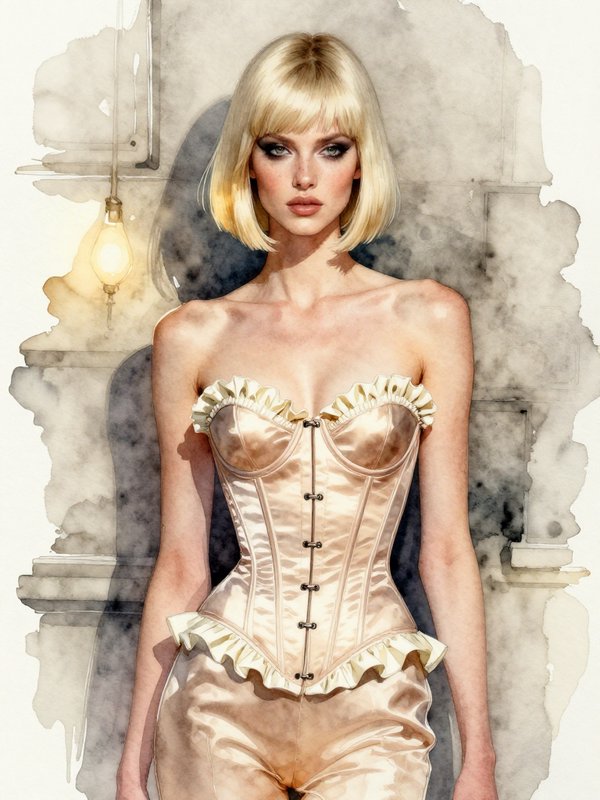 Watercolor portrait of a blonde bob-haired woman in a ruffled champagne satin corset, soft muted interior background