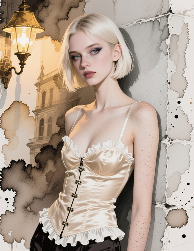 Illustrated portrait of freckled platinum blonde woman in a cream corset, vintage ink wash city backdrop