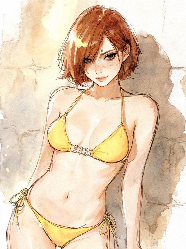 Watercolor portrait of a freckled young woman with short red hair wearing a yellow string bikini,...