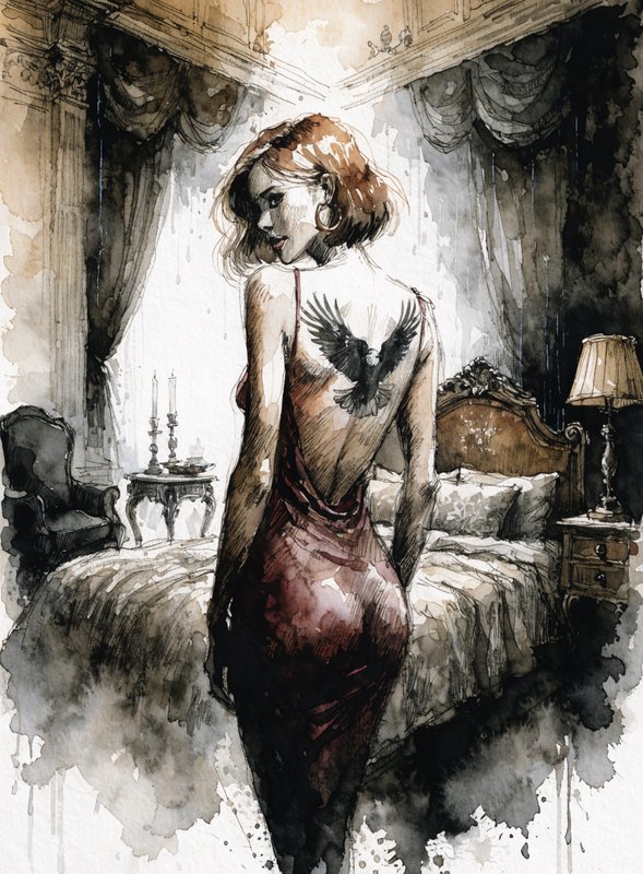 Watercolor illustration of woman with raven back tattoo in a backless gown standing in a vintage bedroom