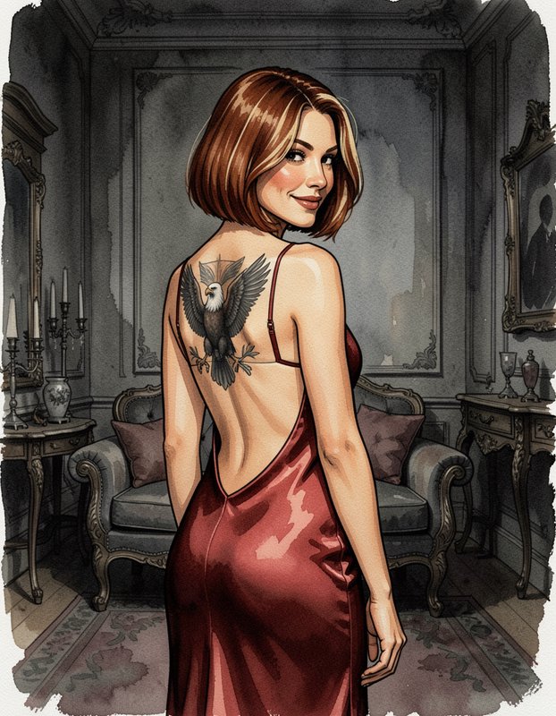 Illustrated smiling woman with bald eagle back tattoo wears a backless red gown, looking over her shoulder in a vintage