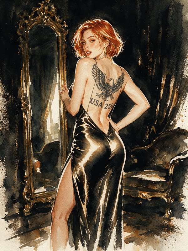 Watercolor illustration of red-haired woman in backless silk gown with eagle back tattoo standing...