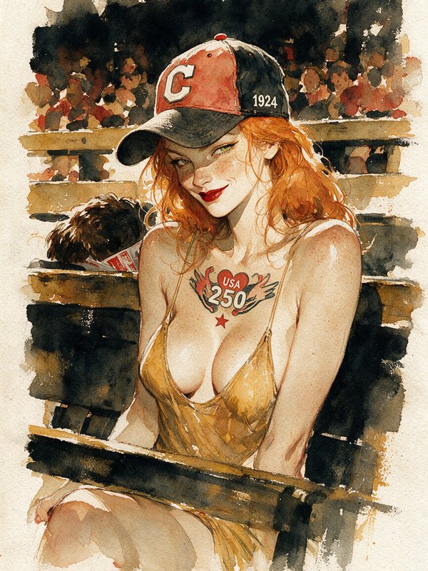 Watercolor portrait of smiling freckled red-haired woman in a vintage baseball cap seated in stad...