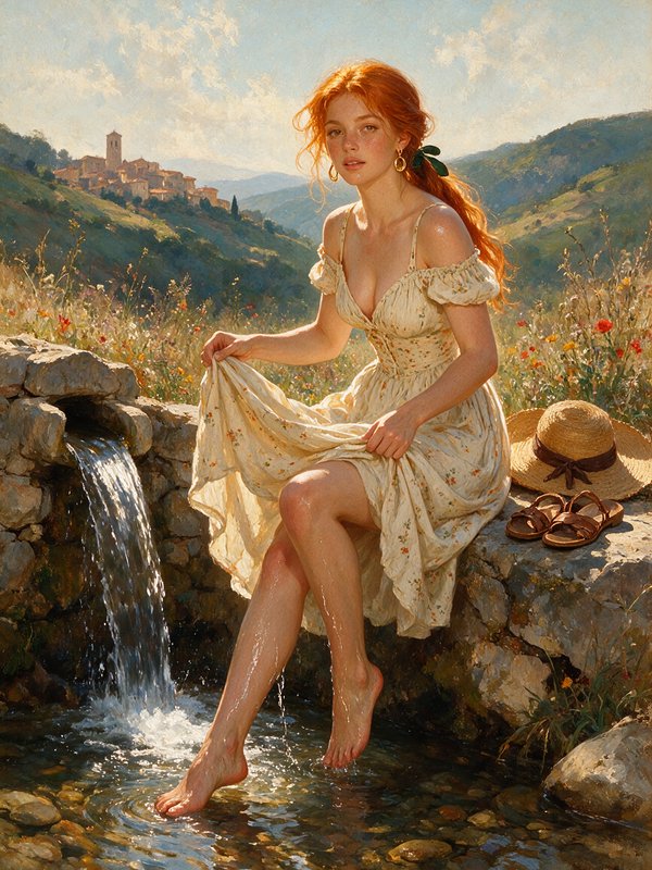 Oil painting of red-haired young woman dipping feet in a stone spring, sunlit Mediterranean hillside village background.