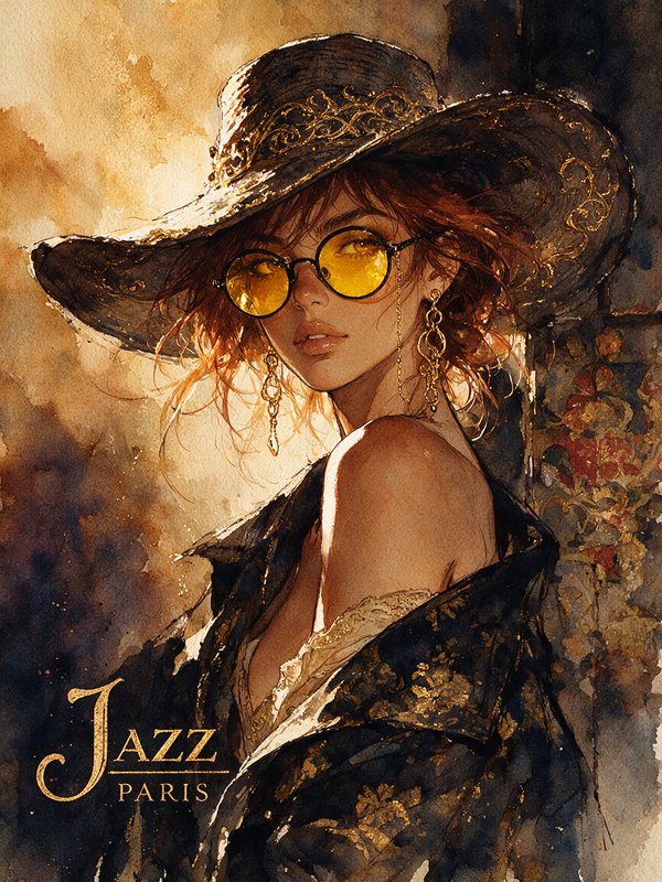 Watercolor portrait of chic woman in ornate wide hat, yellow tinted round sunglasses, with gilded "JAZZ PARIS" text overlay