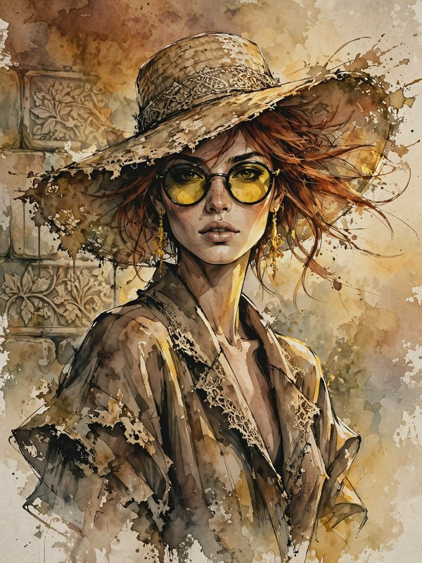 Watercolor portrait of a stylish woman wearing a wide lace-trimmed straw hat, yellow tinted glasses, and windswept red hair.