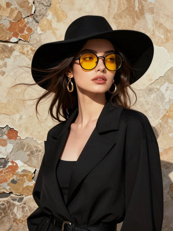 Stylish woman in black wide brim hat, yellow tinted round sunglasses, and all-black outfit against a textured stone wall