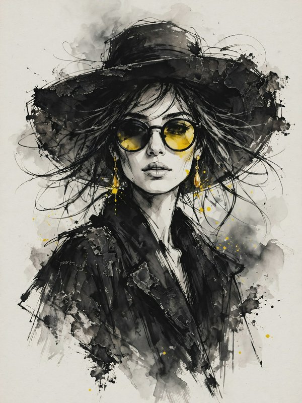 Ink wash portrait of a stylish woman wearing a wide black hat, yellow tinted sunglasses, and gold teardrop earrings.