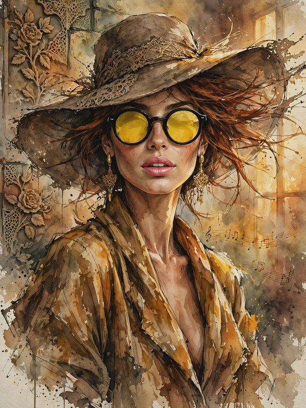 Watercolor portrait of a stylish bohemian woman in a lace-trimmed wide hat, round yellow sunglasses, warm sepia color