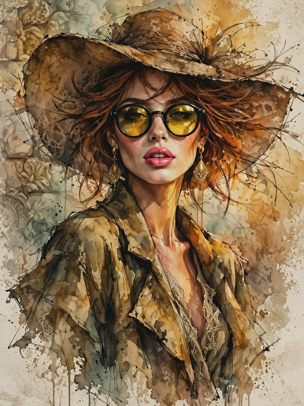 Watercolor portrait of a stylish woman wearing a wide brown hat, yellow tinted round sunglasses, and ornate gold drop
