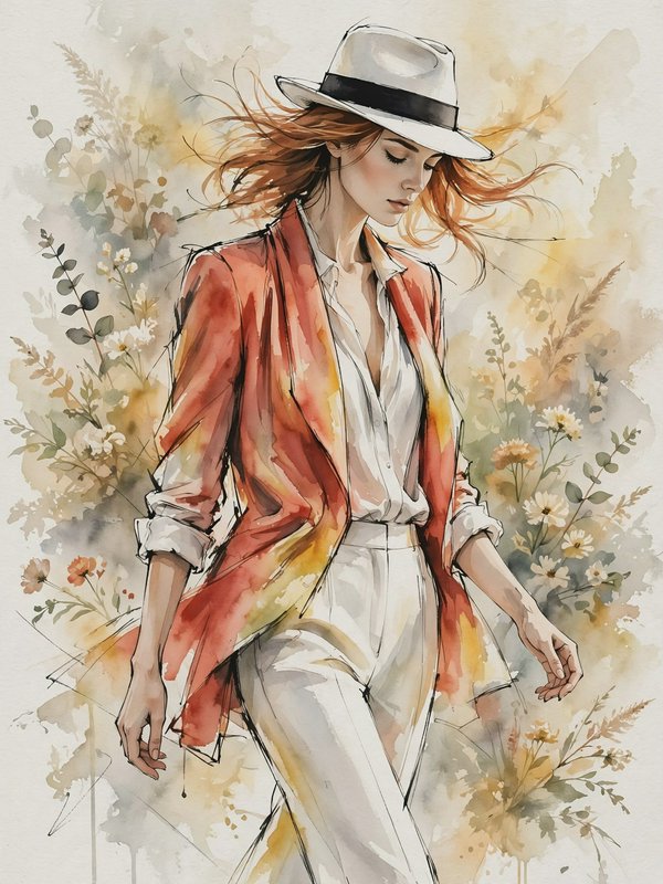 Watercolor fashion portrait of red-haired woman in a fedora, standing against soft wildflower foliage background