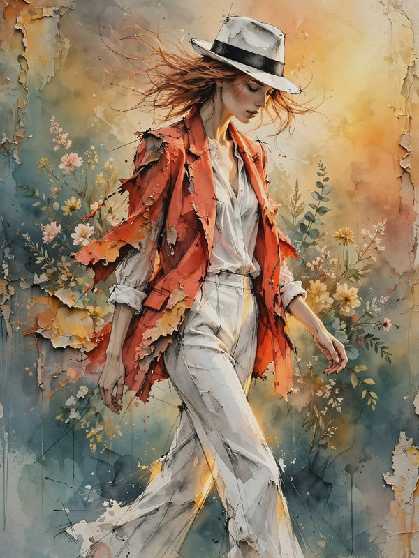 Watercolor illustration of a stylish red-haired woman in a fedora and red jacket walking among wildflowers