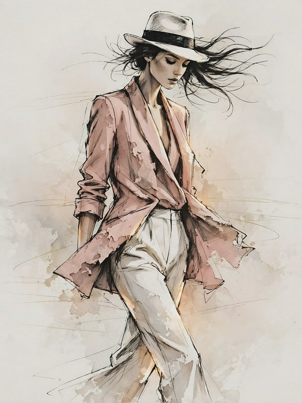 Watercolor fashion sketch of a stylish woman in a fedora, dusty pink blazer, walking with windblown hair