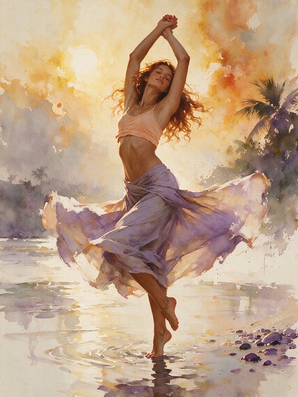 Impressionistic watercolor of a woman dancing barefoot in shallow beach water at golden sunset, w...