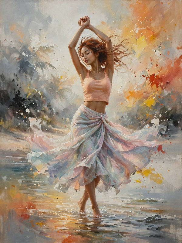 Impressionist painting of a barefoot dancing woman with a flowing pastel skirt standing in shallo...