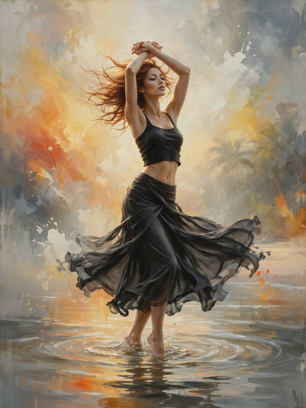 Painting of a graceful dancing red-haired woman in a flowing black dress standing in shallow trop...