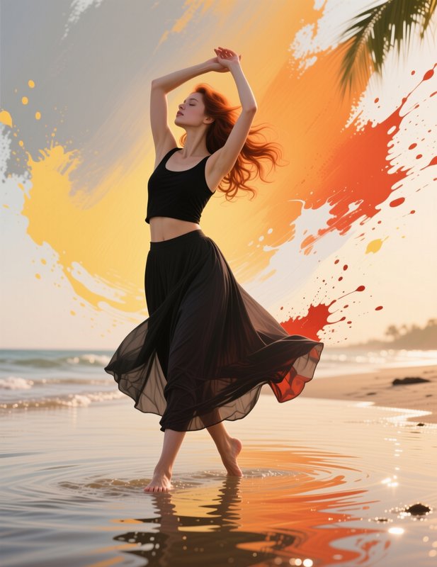 Graceful red-haired barefoot dancer poses in shallow beach water, with vibrant abstract paint spl...