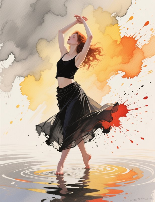 Graceful barefoot red-haired dancer stands in rippling shallow water, arms raised, against vibran...