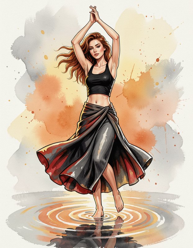 Watercolor illustration of a graceful red-haired dancer standing barefoot in rippling water, arms...