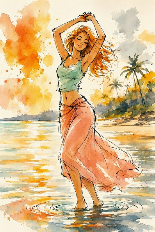 Watercolor sketch of a happy red-haired woman stretching while standing in shallow tropical beach...